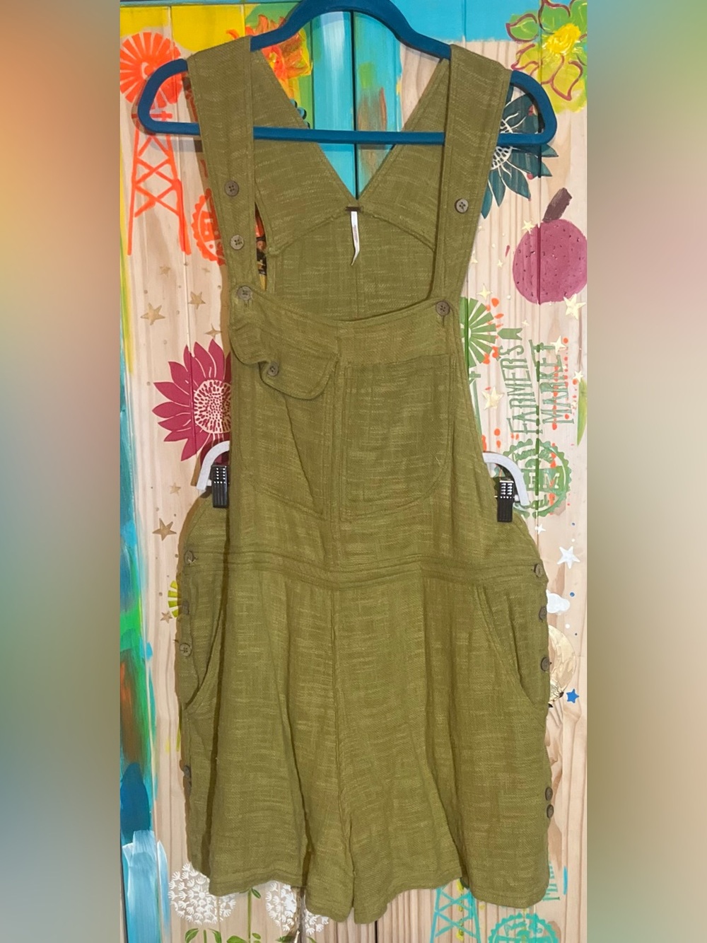 Free People Olive Green Linen-Texture Pinafore Romper